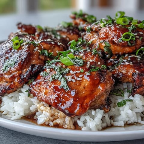 Savory honey garlic chicken thighs simmered to perfection, served on a bed of aromatic jasmine rice.  