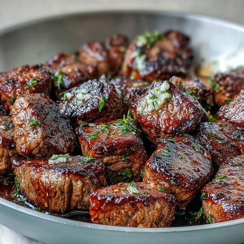 Juicy garlic herb steak bites sizzling in a cast iron skillet, perfect for a quick summer dinner.