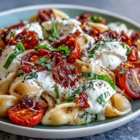 Caprese pasta with burrata, bursting with cherry tomatoes and fresh basil, served with creamy cheese on top.