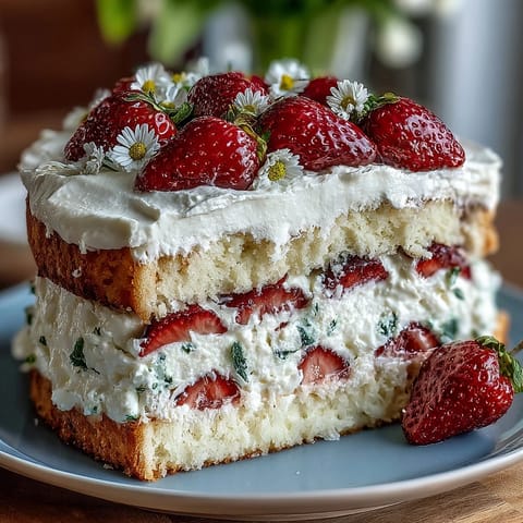 Naked cake with strawberries and cream, featuring soft sponge layers and fresh berries for a spring celebration.