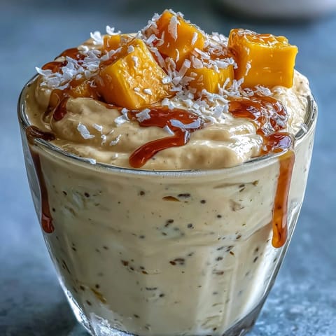 Refreshing vegan mango coconut chia smoothie with vibrant orange hue, served in a mason jar with a straw and tropical fruit garnish.