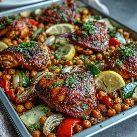 Vibrant harissa chicken traybake with roasted chickpeas and colorful bell peppers on a sheet pan.  