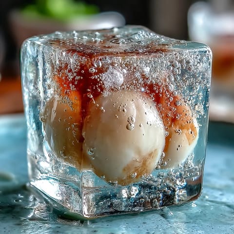 Lychee agar jelly cubes in sparkling yuzu water, a light and elegant dessert with refreshing citrus notes and delicate lychee flavor.  