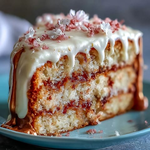 Decadent Rosé Velvet Cake crowned with rich frosting and flowing edible gold.