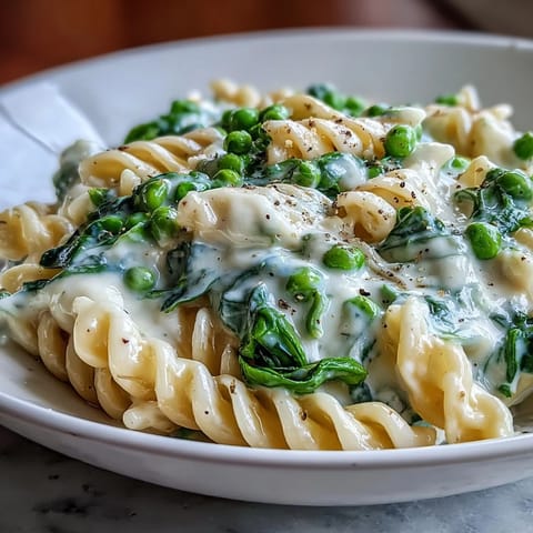 One-pot lemon ricotta pasta with peas and spinach, creamy and vibrant, garnished with fresh herbs and lemon zest.  