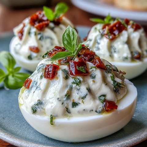 Creamy Caprese deviled eggs topped with fresh basil oil, diced tomatoes, and mozzarella for a colorful appetizer.