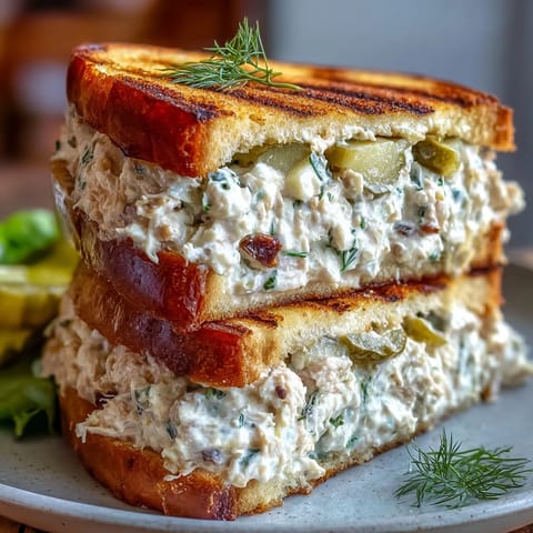 Crispy tuna melt with creamy tuna salad, melted cheddar, and tangy pickles on golden toasted bread.