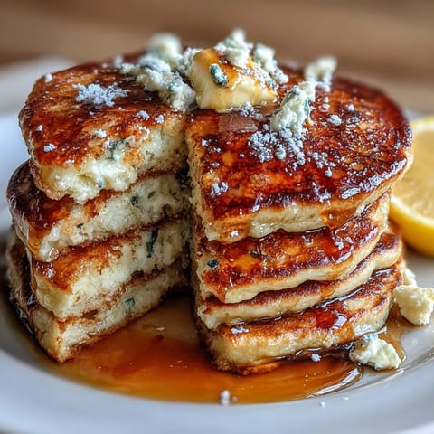 Fluffy lemon ricotta pancakes topped with fresh berries and a dusting of powdered sugar, perfect for a weekend brunch.