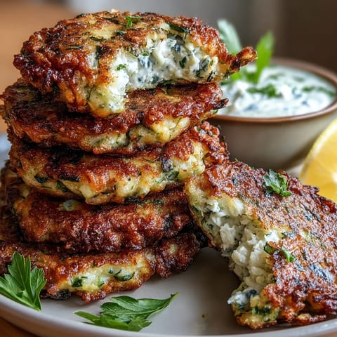 Crispy zucchini fritters with feta cheese, golden brown and served with a cool yogurt mint dipping sauce.  