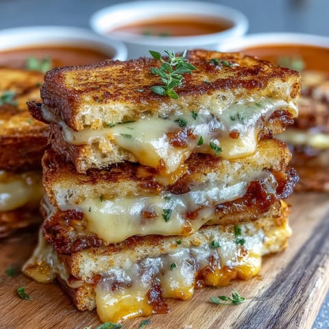 Golden mini grilled cheese dippers alongside creamy tomato soup for dipping.