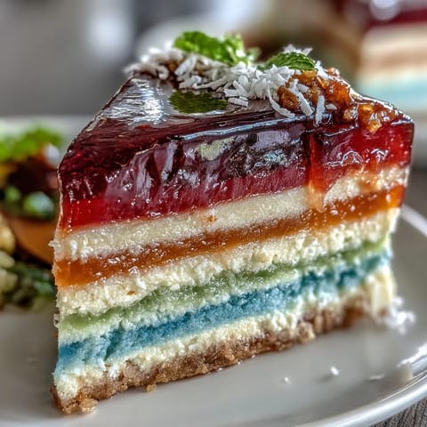 Bright Agar-Agar Rainbow Jelly Cake with fluffy coconut cream topping.