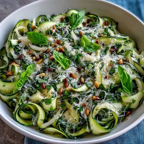 Elegant shaved zucchini ribbon salad, topped with fresh basil and nutty Parmesan.