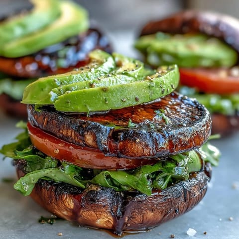 Juicy grilled portobello mushroom burgers stacked high with fresh avocado and toppings.