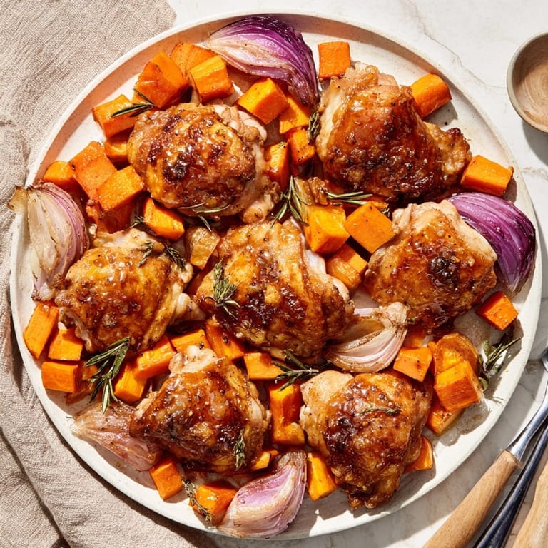 A vibrant Honey-Glazed Chicken with Roasted Root Vegetables dish, glistening with sweet honey sauce.
