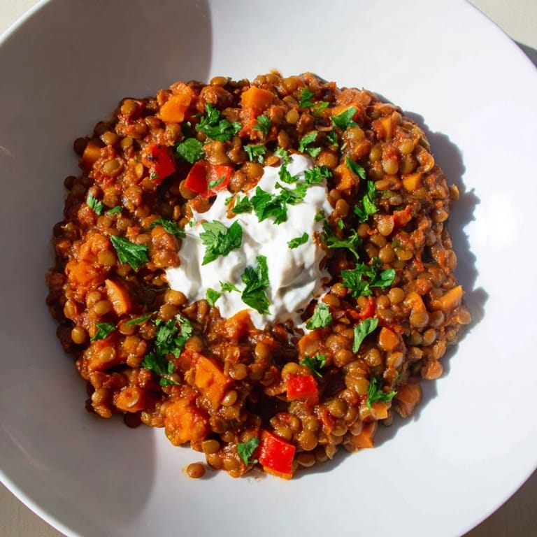 A close-up of Wheat-Warm Hearty Lentil Curry shows tender lentils and wheat berries in a spiced tomato broth.