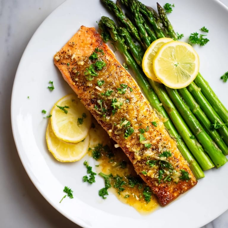 Close-up of seared Skillet Lemon-Butter Salmon with vibrant green asparagus and bright lemon slices.