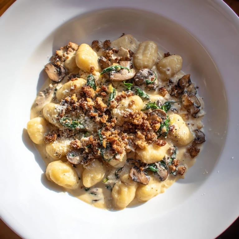 This stunning image displays a warm bowl of Woodsy Skillet Sausage and Mushroom Gnocchi, ready to enjoy.