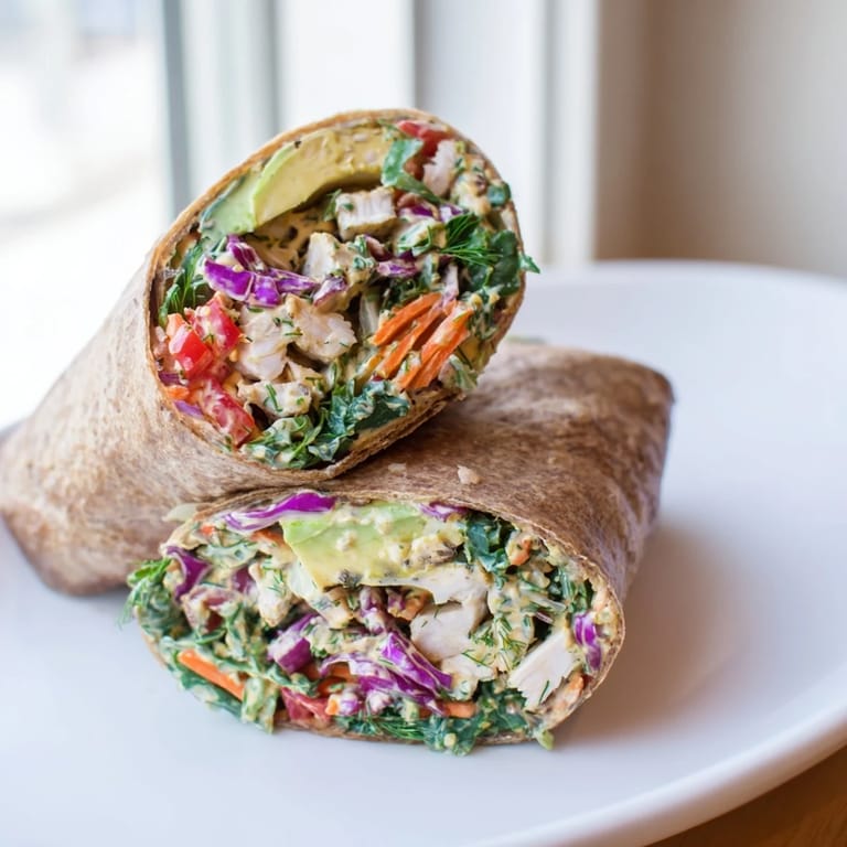 Vibrant Poppy-Inspired Chicken Salad Wraps, ready for a satisfying bite, filled with juicy chicken and fresh ingredients.