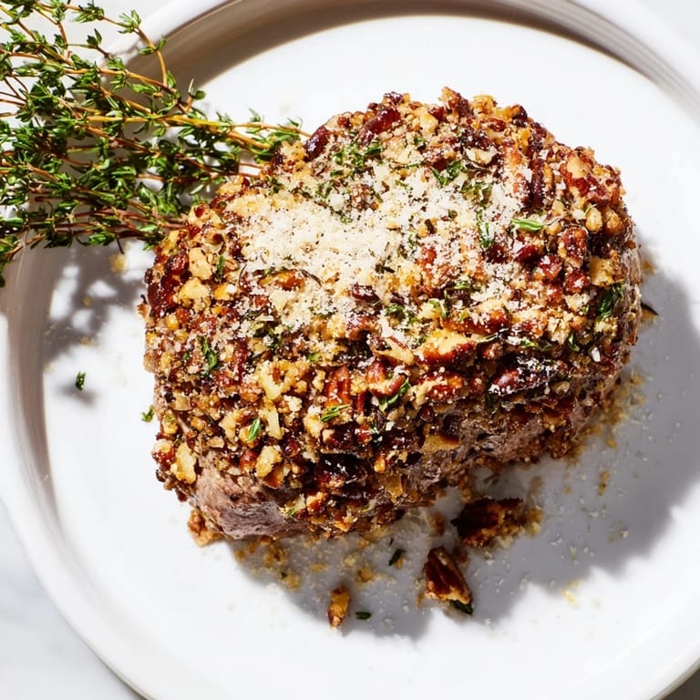 Juicy medallions of Thyme and Pecan Crusted Pork Tenderloin offer a tender bite paired with vegetables.