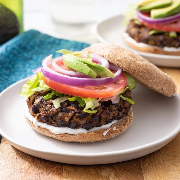 Close-up of a flavorful Zesty Black Bean Burger, piled high and ready to enjoy now.