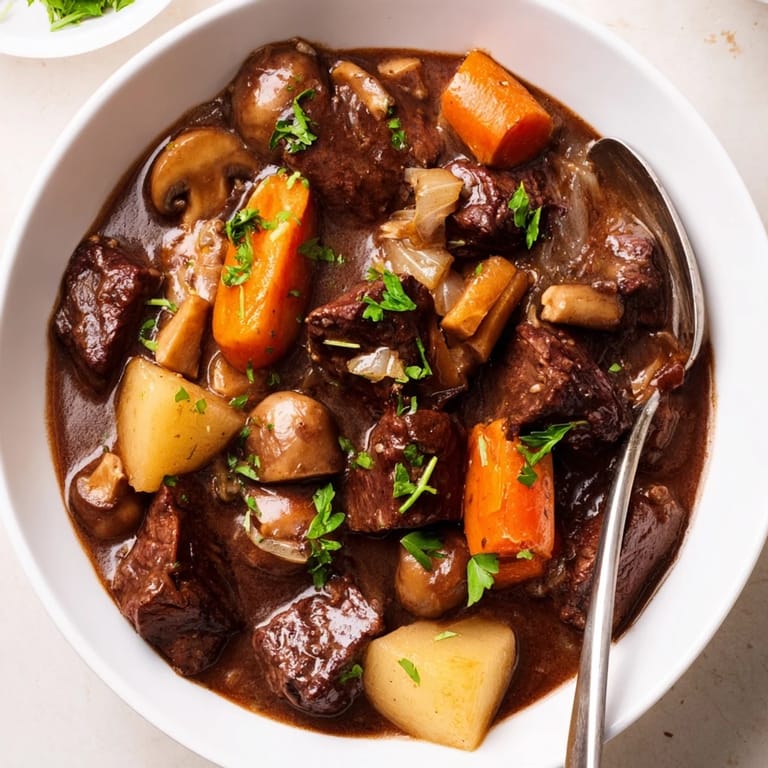 Close-up of hearty earthy beef stew with tender beef and vegetables next to fresh bread.