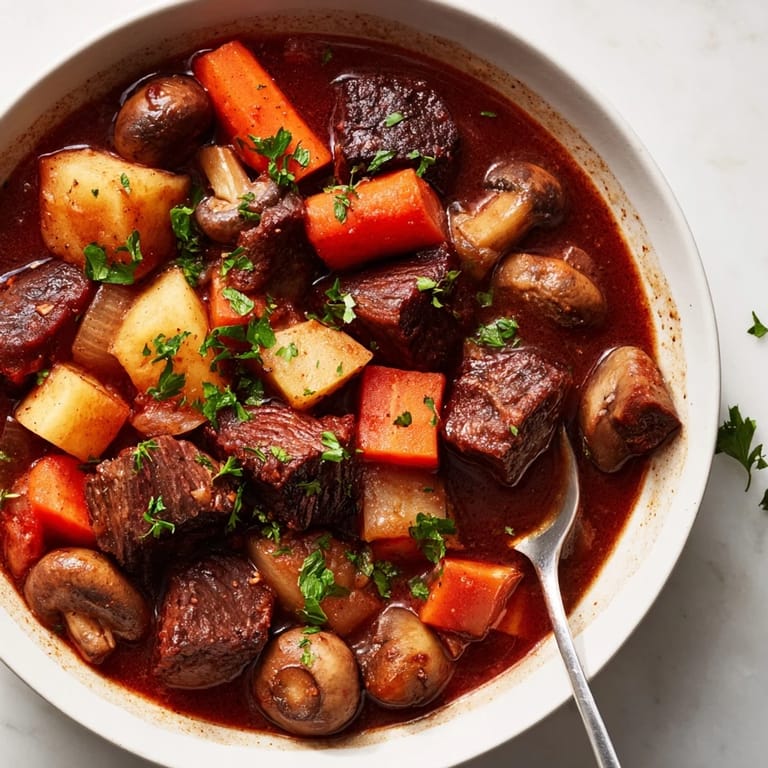 A comforting image: warm, rustic bowl of earthy beef stew with a side of homemade bread.