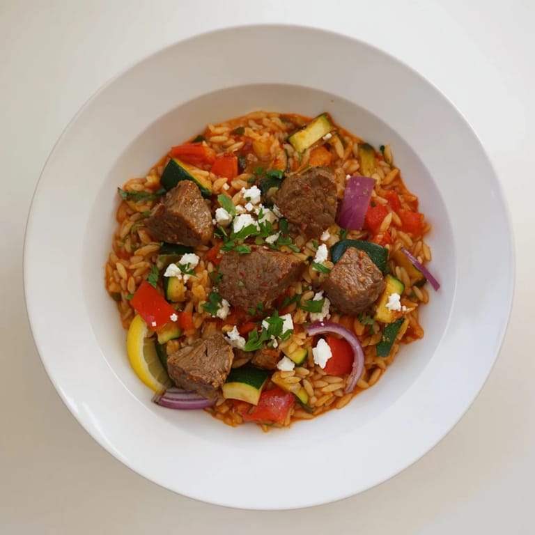 Close-up of a steaming bowl of Smoky Mediterranean Lamb and Orzo Supper, garnished with feta cheese.