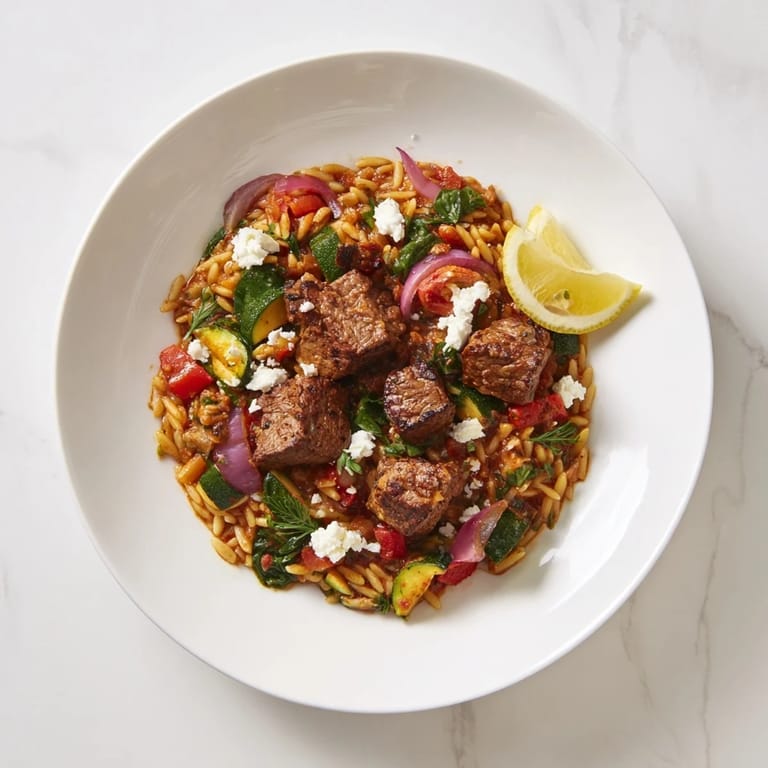 A comforting, flavorful dish: a hearty Smoky Mediterranean Lamb and Orzo Supper, ready to be served.