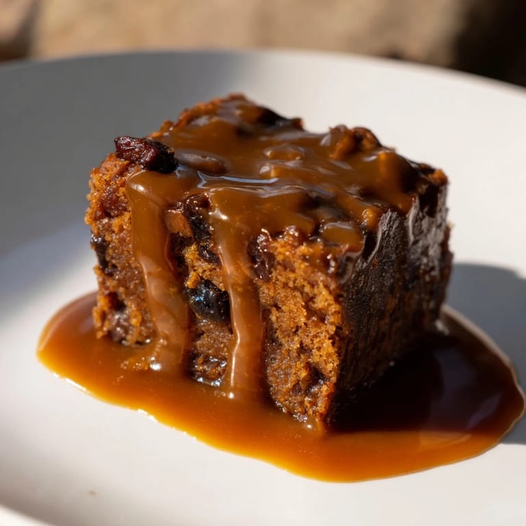 A close-up of a freshly baked Weekend Cabin-Style Sticky Toffee Pudding, golden and inviting.