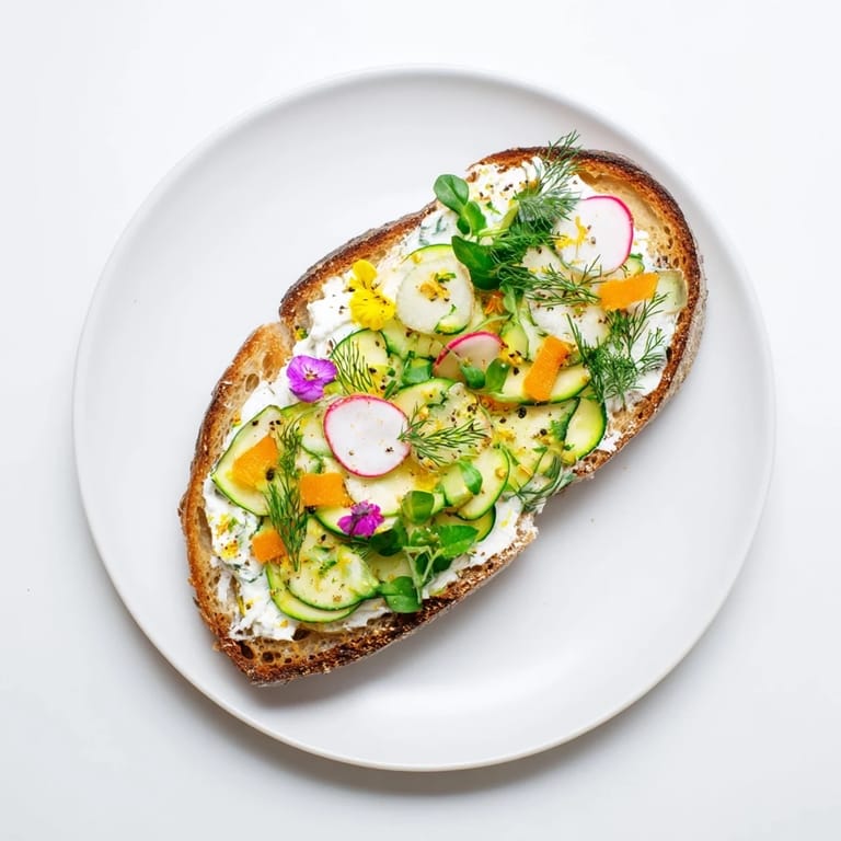 Enjoy a delicious bite of Fresh Meadow Garden Vegetable Tartines, showcasing fresh garden flavors, perfect for lunch or light dinner.