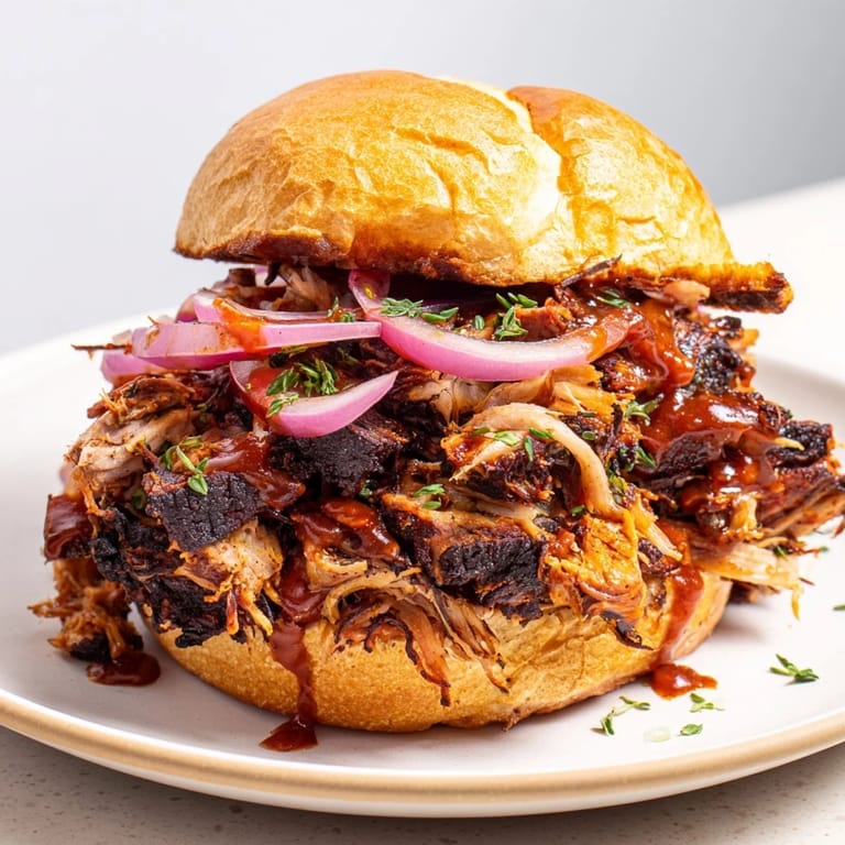 A close-up of delicious Fire-Kissed BBQ Pulled Pork Sandwiches, with succulent pulled pork and fresh herbs.