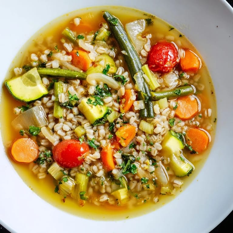 Hearty Simple Homemade Grain and Vegetable Soup displayed in a rustic bowl, ready for a comforting meal.