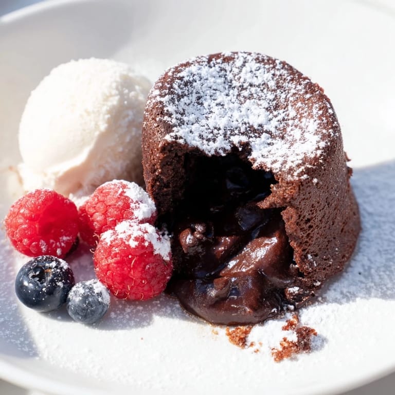 Molten cocoa center spills from a fork-cut dark chocolate lava cake, ready to be enjoyed.