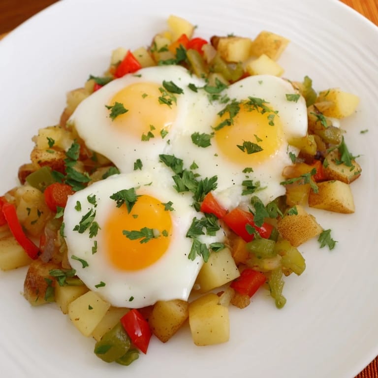 Golden, crispy potatoes and vegetables in a simple skillet egg and potato hash, ready to eat.