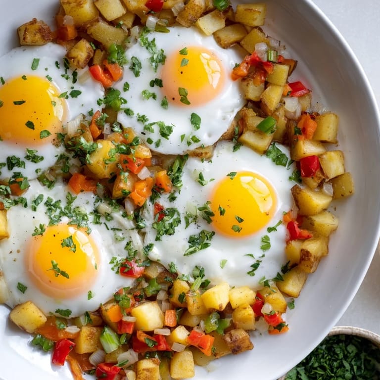 A filling American breakfast: simple skillet egg and potato hash garnished with fresh parsley.
