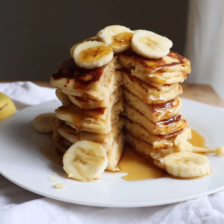 Golden-brown Weekend Golden-Brunch Banana Pancakes with sliced bananas and a delicious maple drizzle.