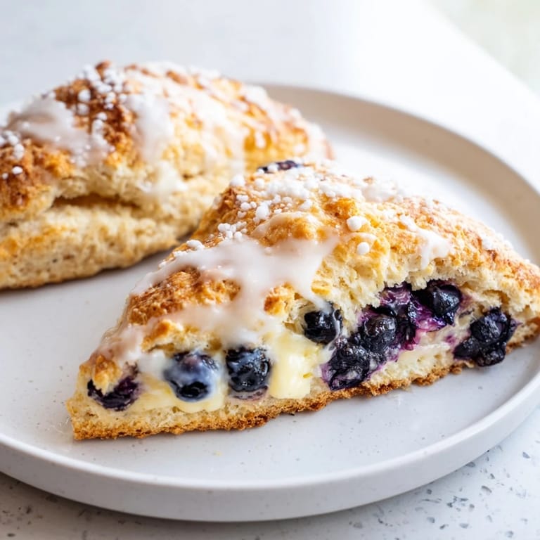 Fresh blueberries bursting from the flaky layers of these cozy Rustic Birch-Warm Blueberry Scones.