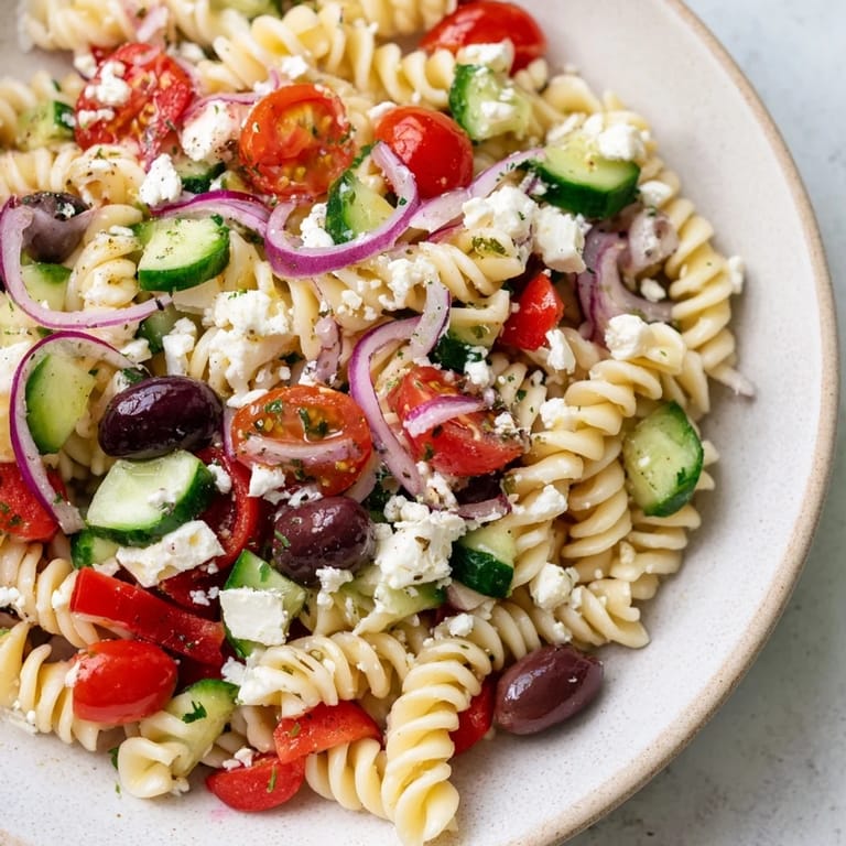 Homemade Mediterranean Olive Oil and Feta Pasta Salad, ready to serve, with a bright lemon-herb dressing.