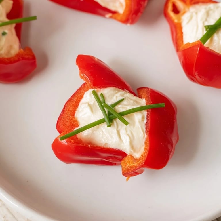 Vibrant close-up of beautifully arranged Bell Pepper Christmas Bows, filled with creamy cheese filling.