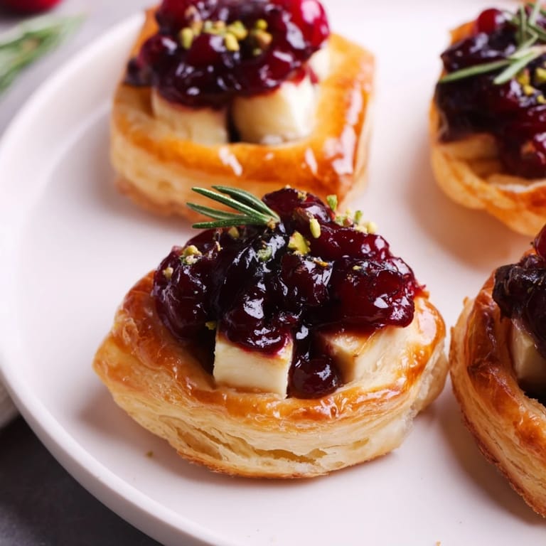See a tempting Cranberry Brie Bites Wreath showcasing bubbly cheese, nestled in a flaky puff pastry base.