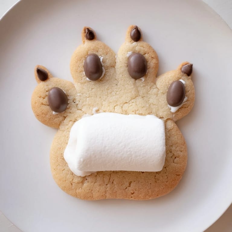Close-up of adorable Polar Bear Paw Print Cookies decorated with chocolate chips, perfect dessert.