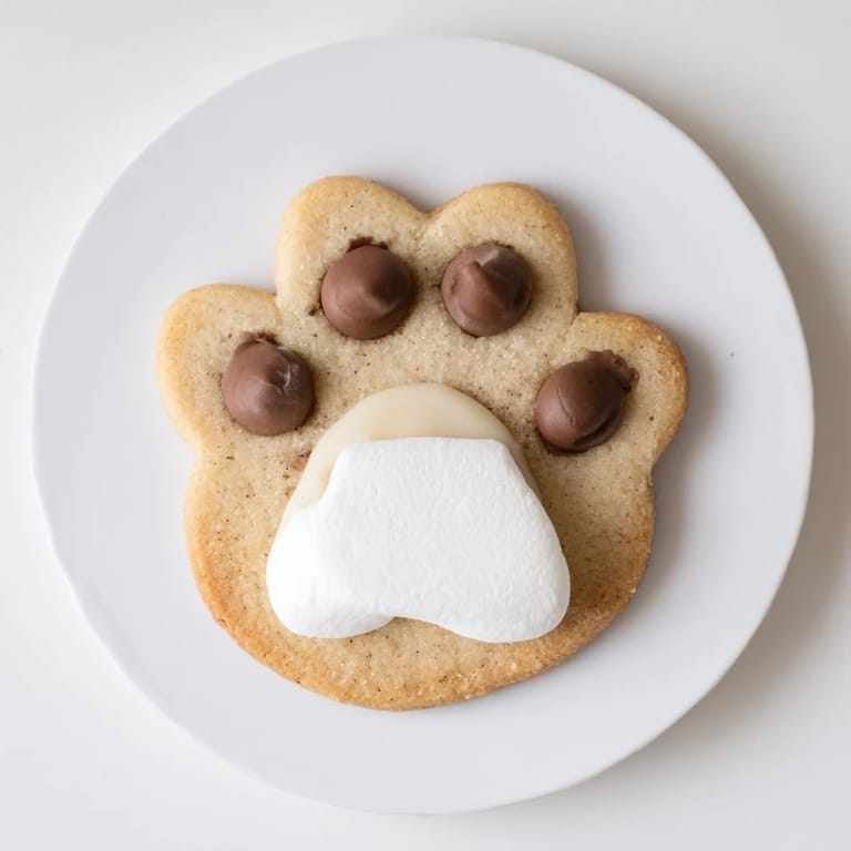 Homemade Polar Bear Paw Print Cookies on a plate, featuring white chocolate and mini chip details.