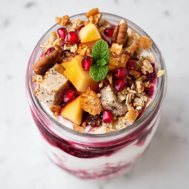 Festive photo of a Christmas Pudding Yogurt Parfait Bar beautifully layered with fruit and yogurt toppings.