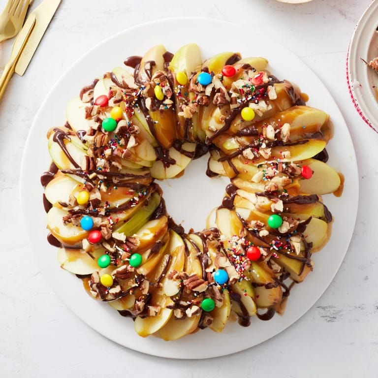 Irresistible Caramel Apple Slice Christmas Wreath: A festive platter of caramel-drizzled apples, nuts, and candies.