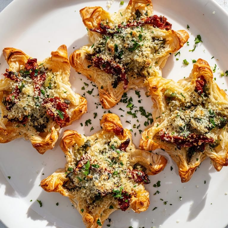 Close-up of baked Olive and Sundried Tomato Star Garland, showing flaky pastry and savory garnishes.