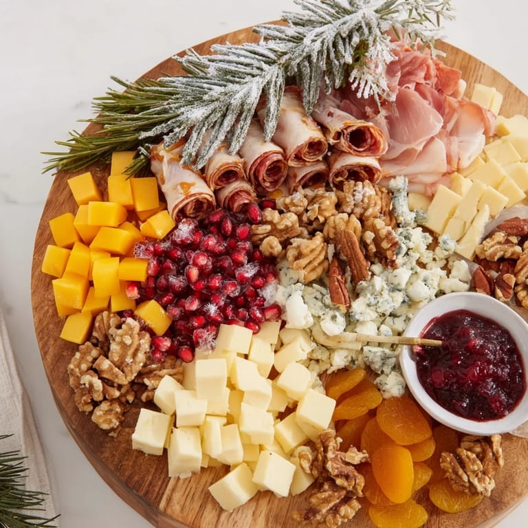 This appetizing Winter Forest Meat and Cheese Charcuterie Scene showcases a festive arrangement of meats and cheeses for entertaining.