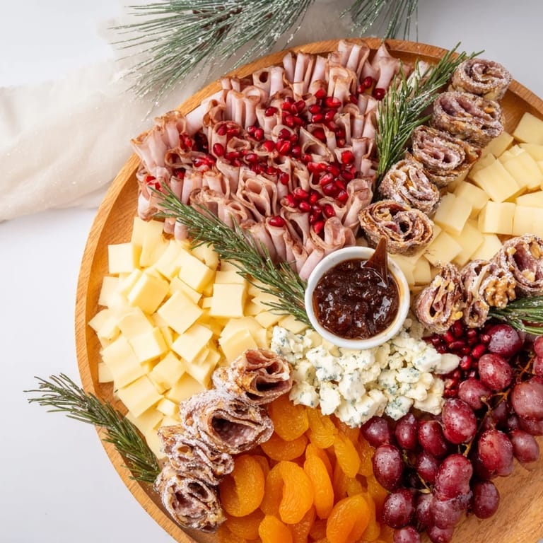 A flavorful spread of a Winter Forest Meat and Cheese Charcuterie Scene, perfect for a cozy holiday gathering's appetizer.