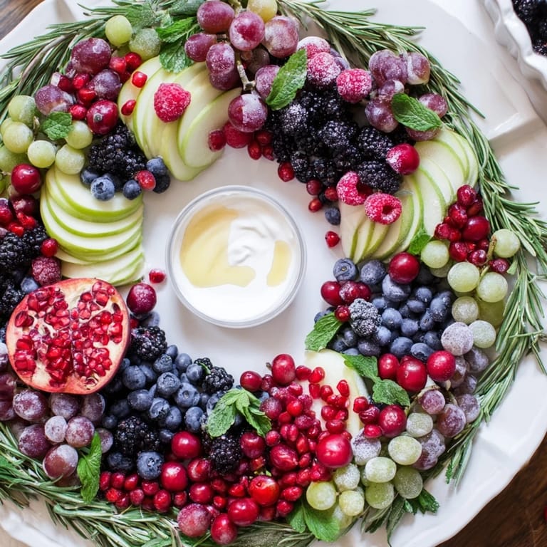 Fresh, colorful Winter Berry Wreath Fruit Board bursting with juicy berries and sweet fruit pieces, ready to serve.