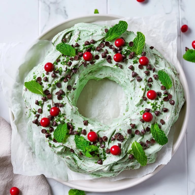 This easy Mint Chocolate Chip Dip Wreath features a smooth, green dip adorned with chocolate chips and berries.