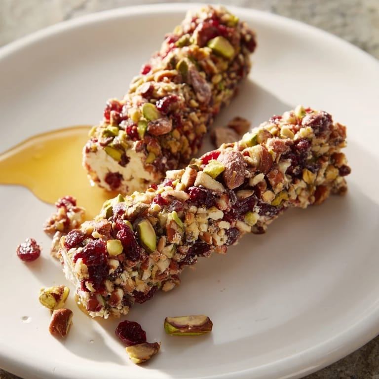 Close-up of the cranberry goat cheese logs, showcasing the colorful cranberry-nut coating and fresh rosemary.